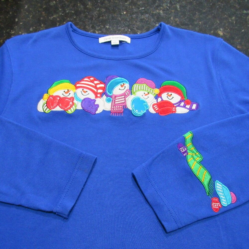 Mercer Street Studio Blue Large Embroidered Snowman Crew Christmas Long sleeve
